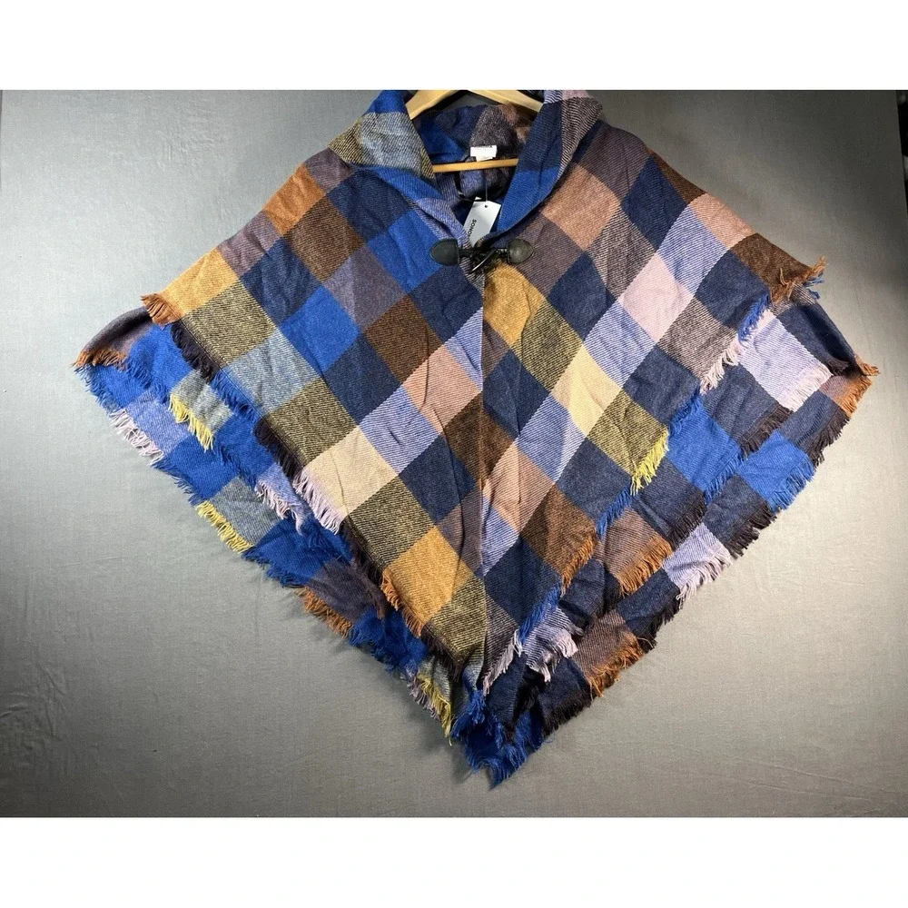 Sonoma Plaid Poncho Wrap Brown Blue  Closure Brand New With Tags Sz O/S
